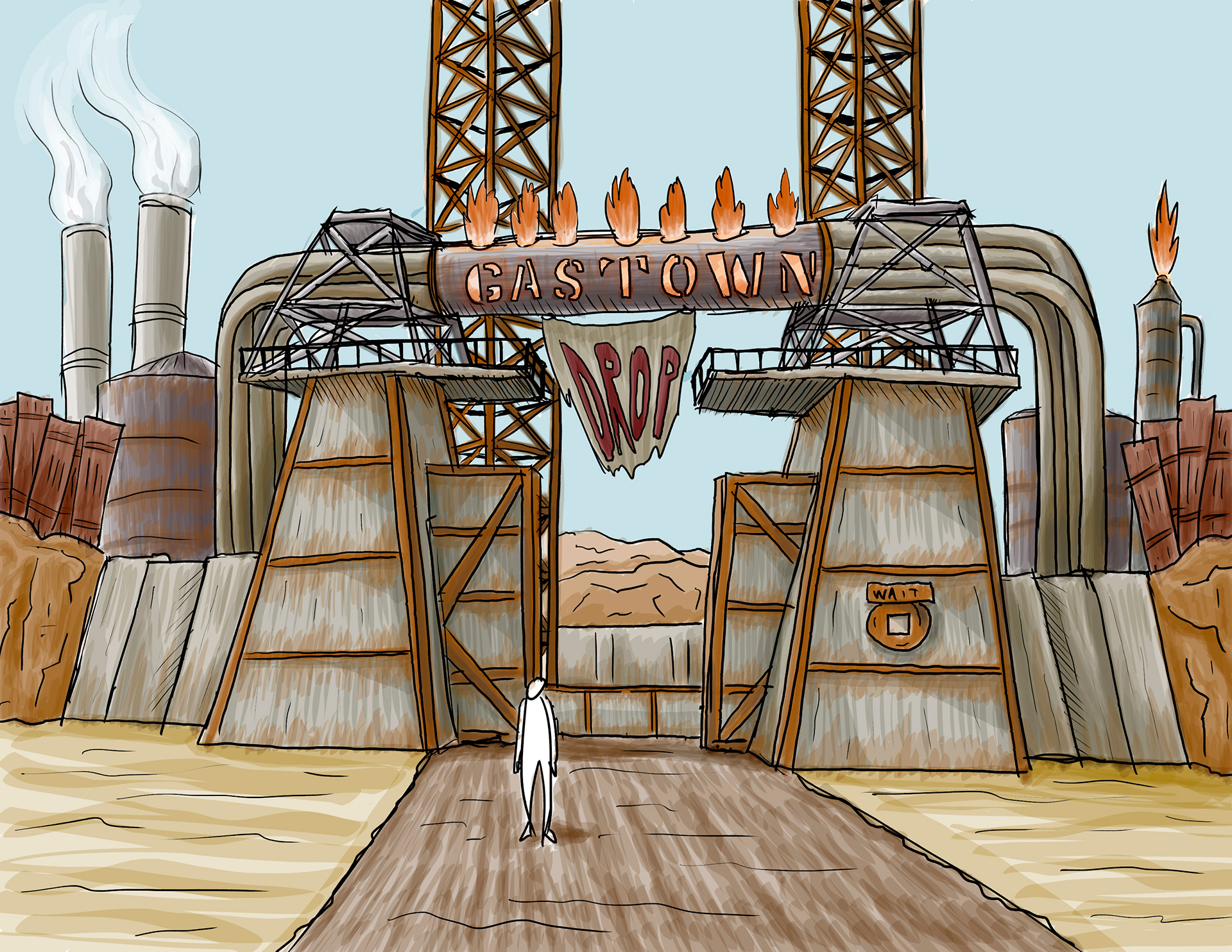 Mad Max - Gastown Drop attraction entrance (Photoshop, 2024)