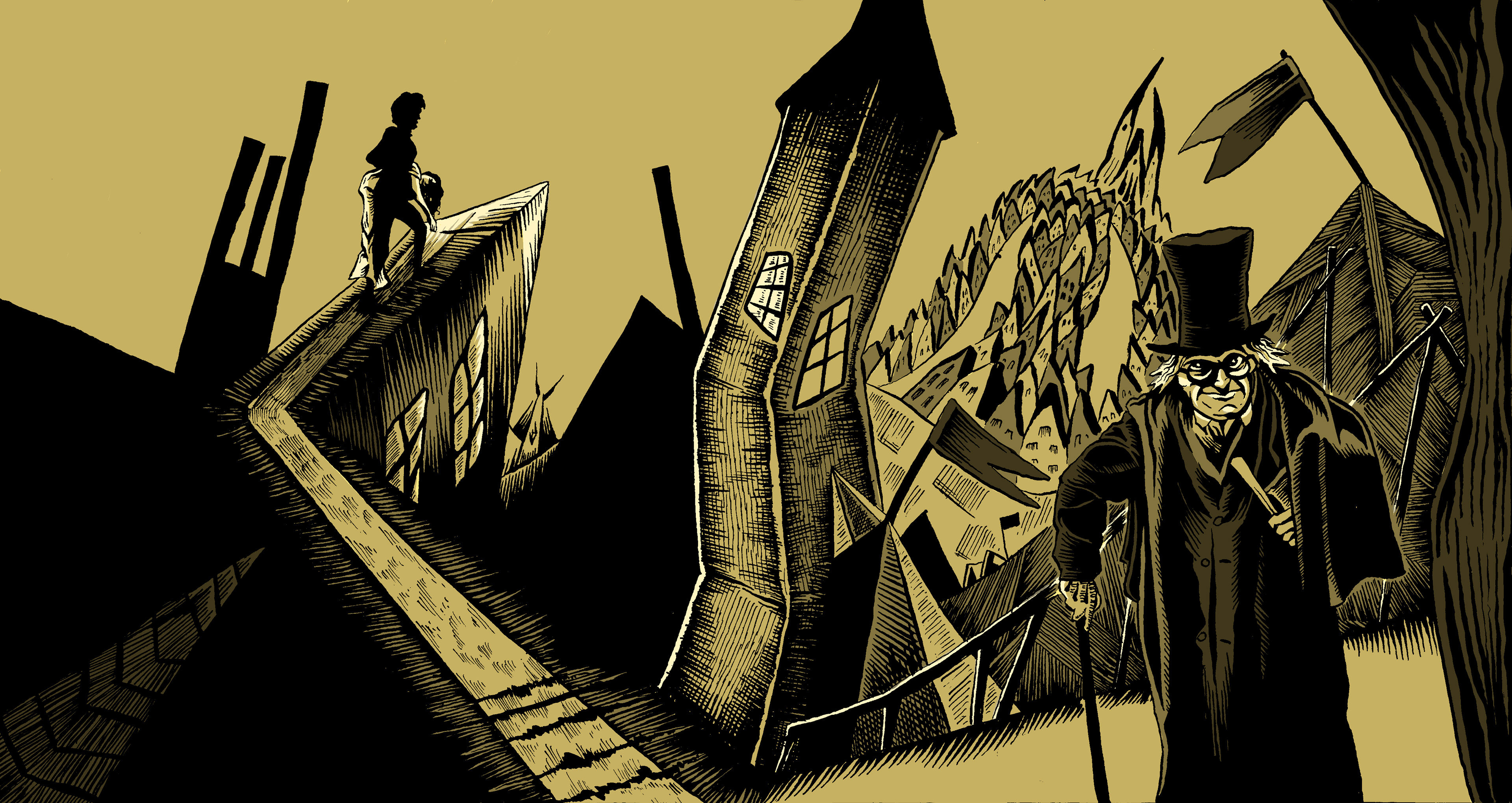 The Cabinet of Dr. Caligari interior spread (Ink and Digital, 2025)