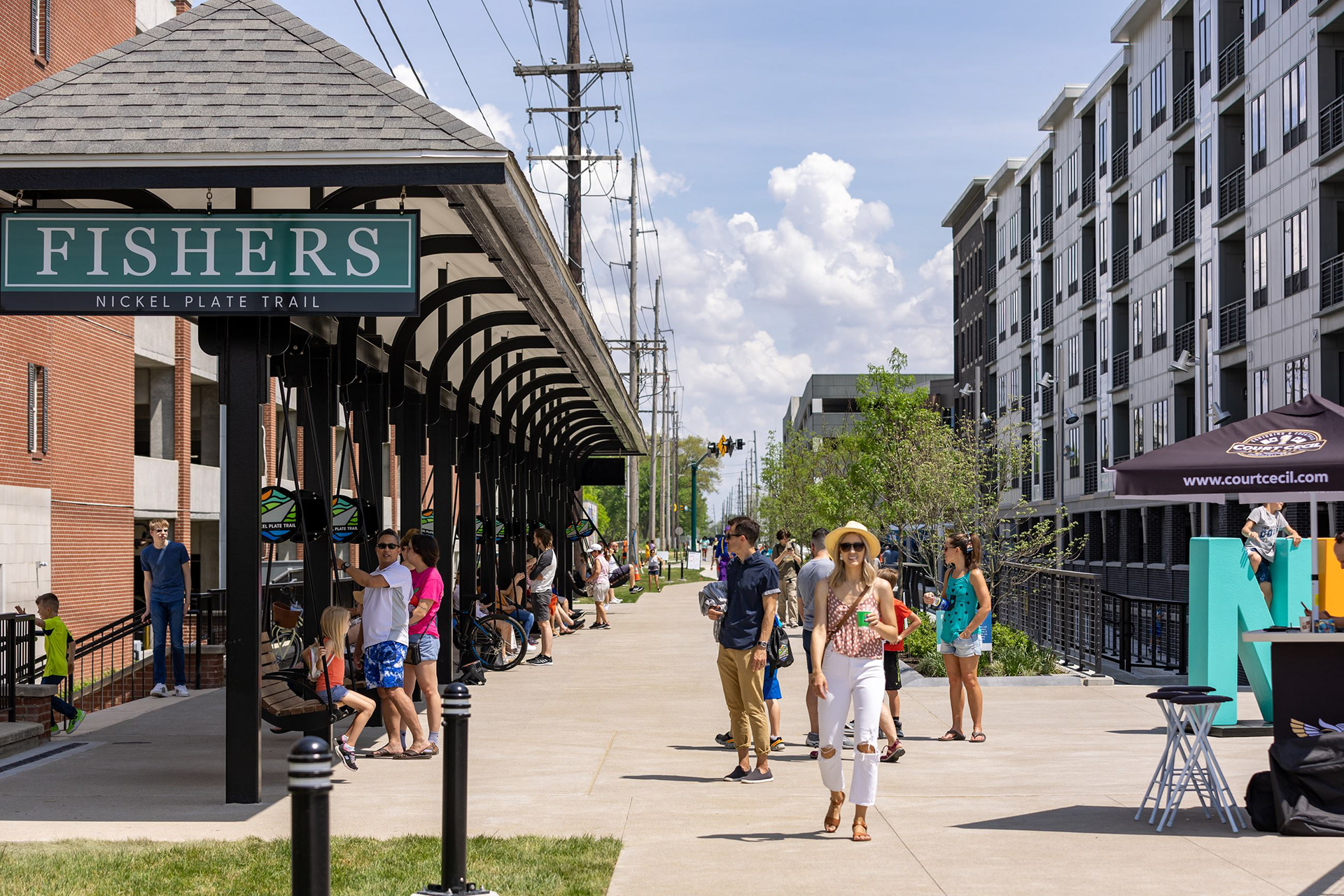 The logo featured on the community swings in the heart of Fishers' Nickel Plate District
