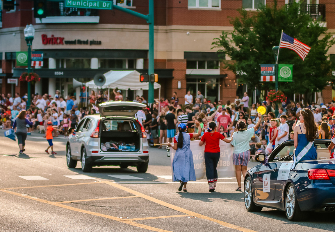 The parade with event pole banners hanging