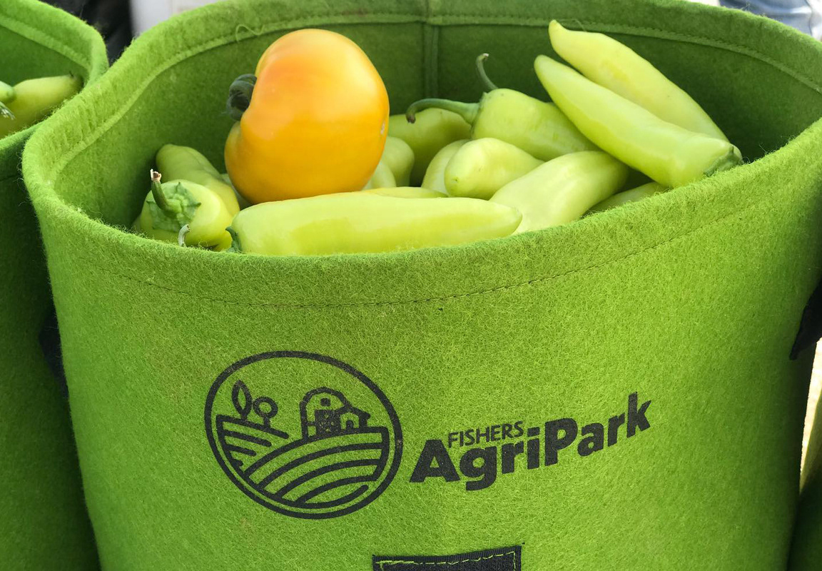 Felt buckets used to collect produce grown at the AgriPark