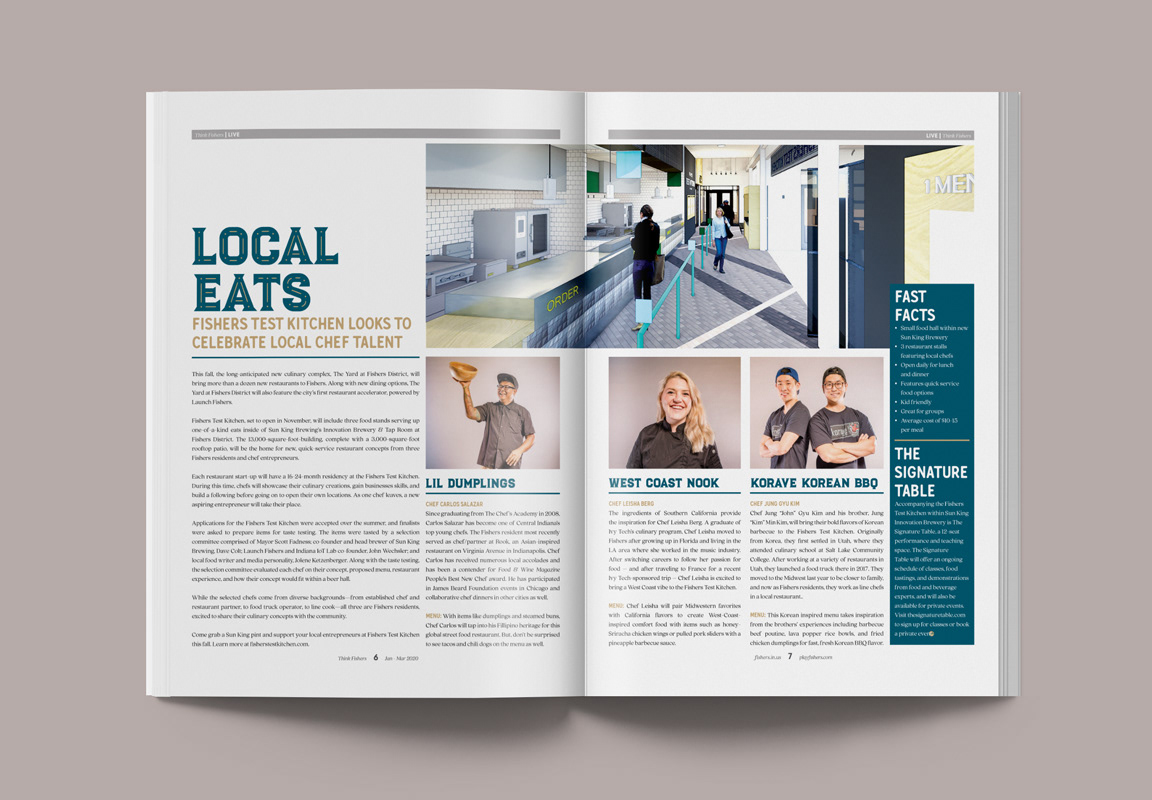 Think Fishers spread featuring Fishers Test Kitchen