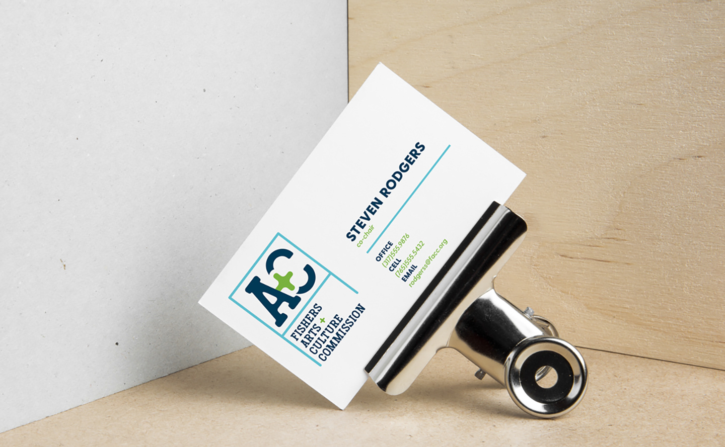 A sample business card for the Fishers Arts and Culture Commission