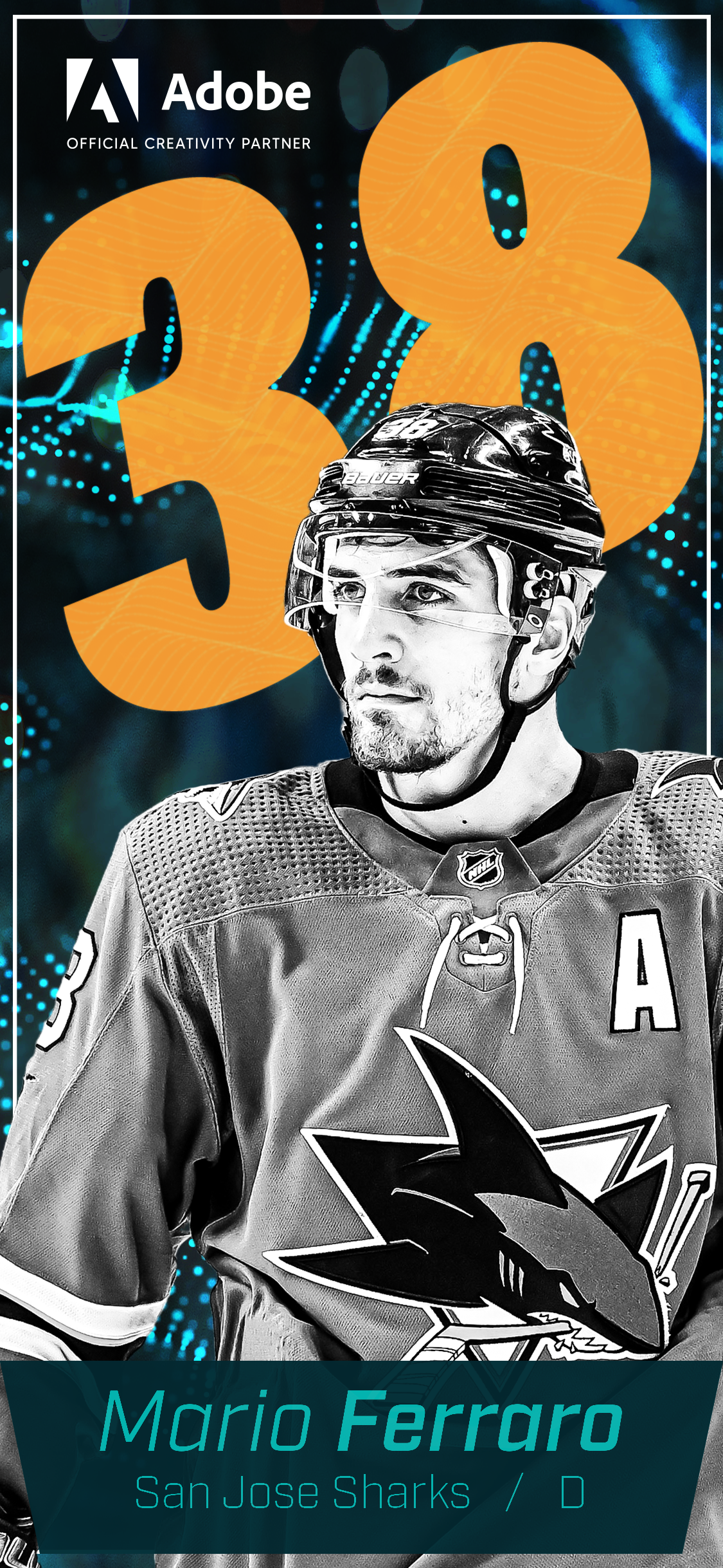 A wallpaper of San Jose Sharks defenseman Mario Ferraro. He is in black and white facing towards the left.