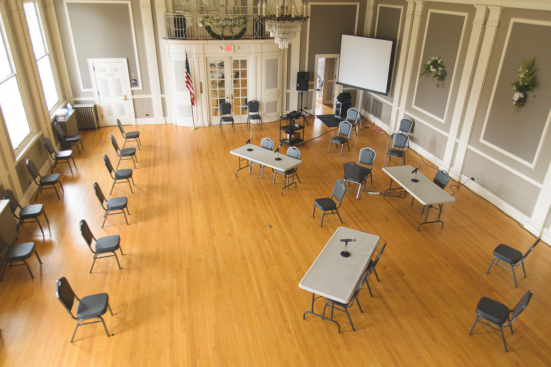 The ballroom of the Memorial Theater has been transformed into a courtroom as the legal system adjusts jury trials to COVID-19 restrictions. The large room will allow jurors, court officials and defendants to socially distance themselves.