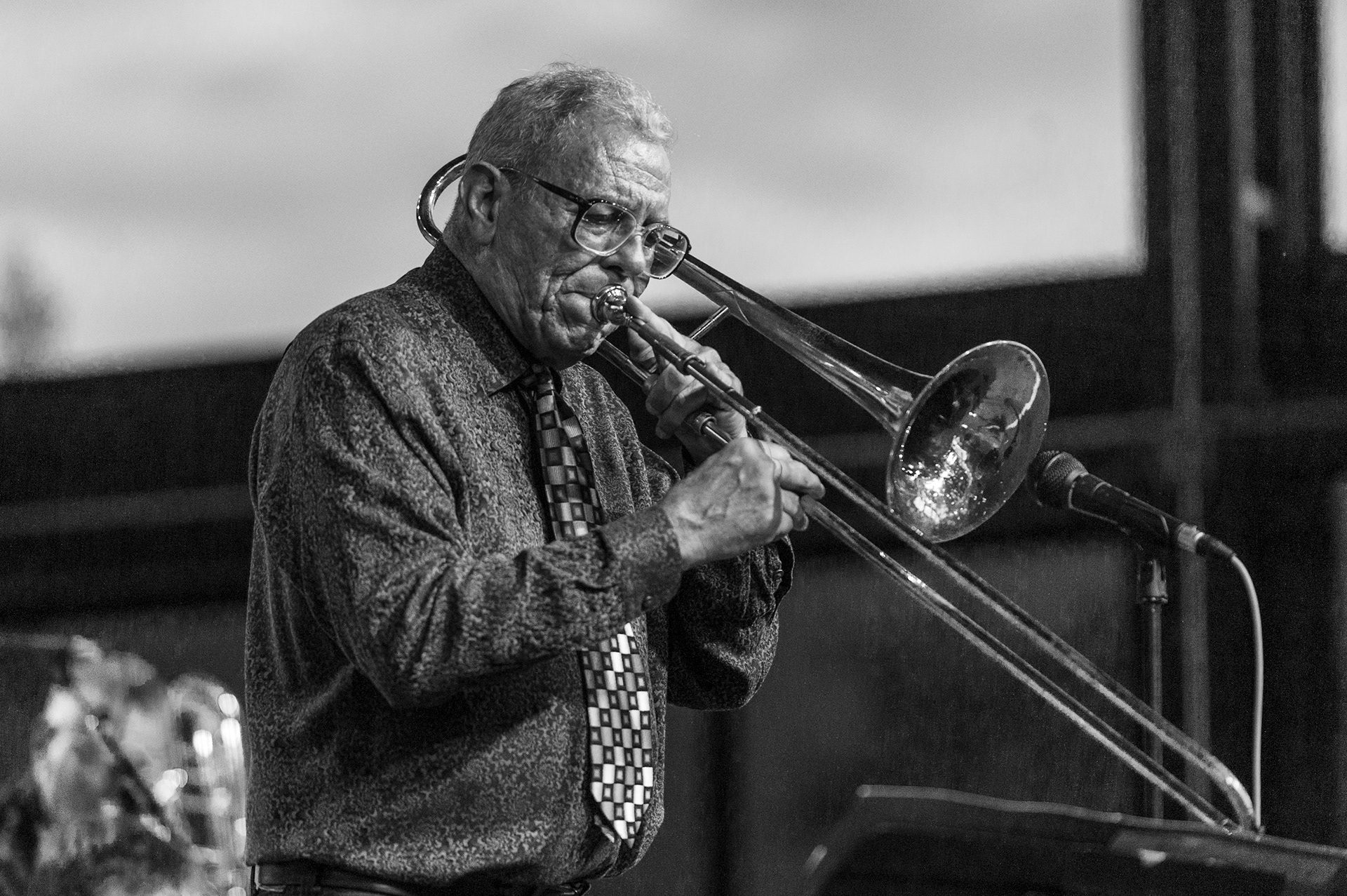 Jazz musician Vaughn Wiester performs on the stage at Ariel-Foundation Park on September 1, 2019