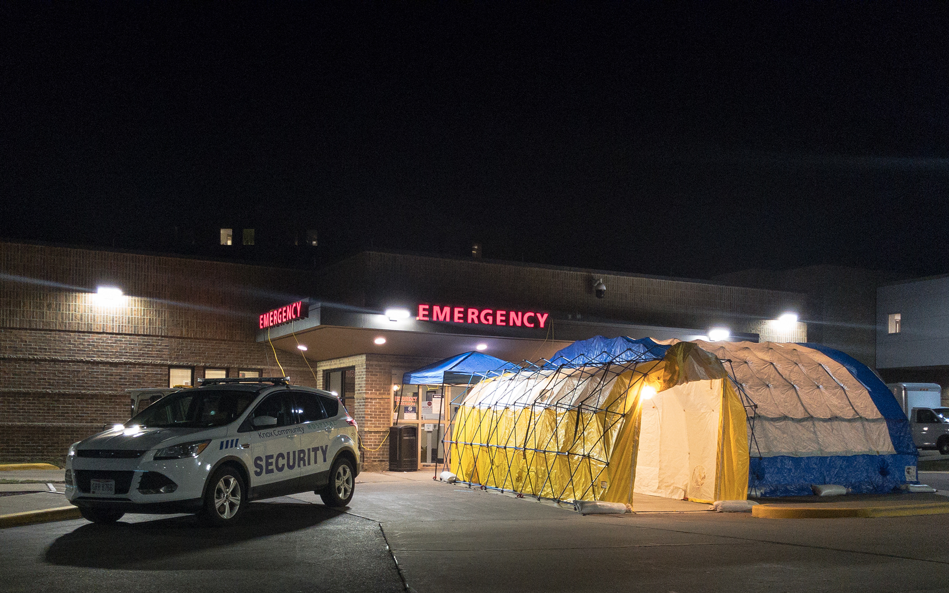 Two tents were set up at an entrance to Knox Community Hospital on Tuesday, March 17, 2020. The tents, like these in front of the emergency department, are the established areas where persons entering the hospital will be screened for possible COVID-19 symptoms.