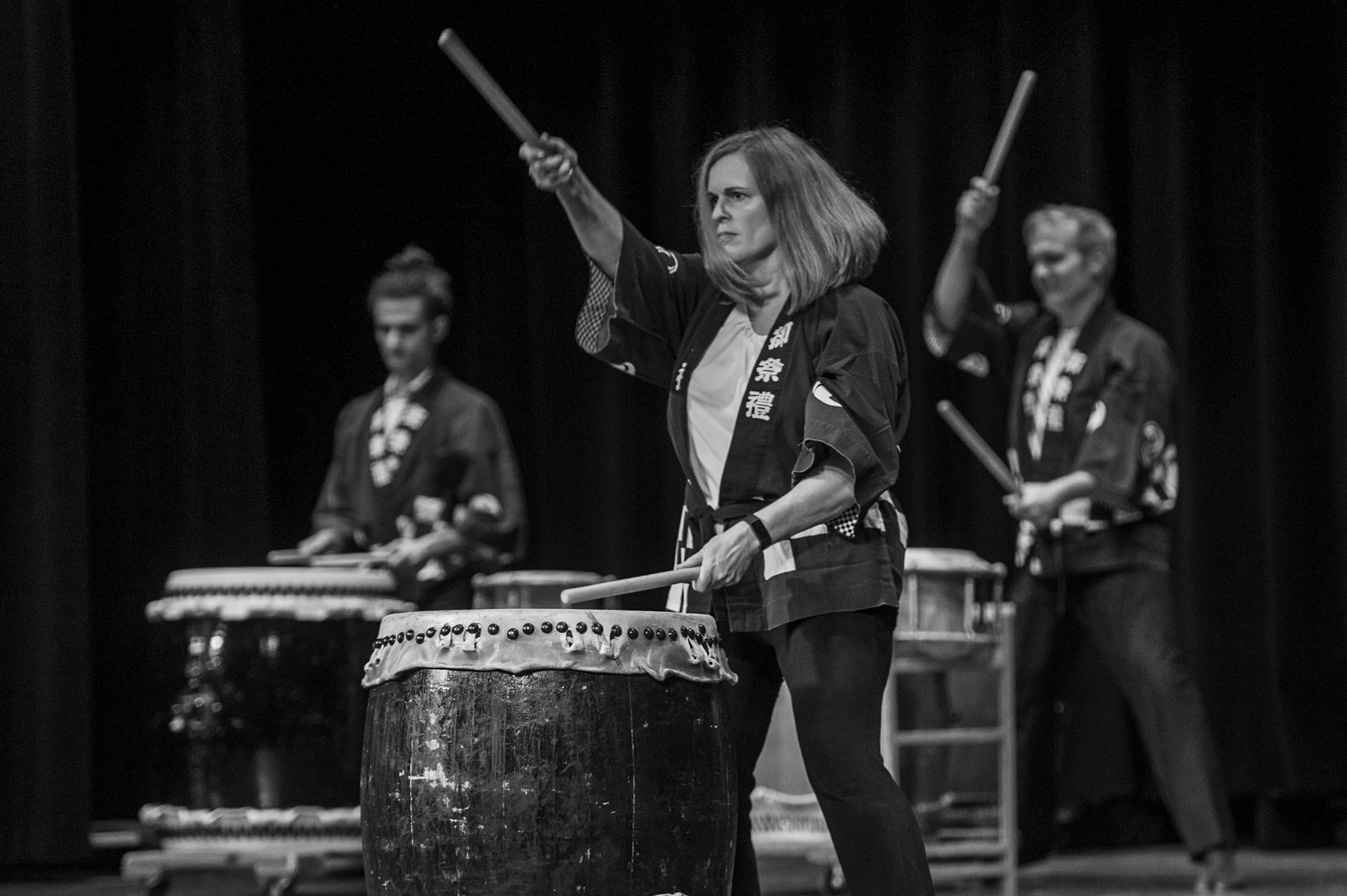Drummers with Eric Paton(right) demonstrate Taiko drumming at the Mount Vernon Memorial Theater on September 25, 2019