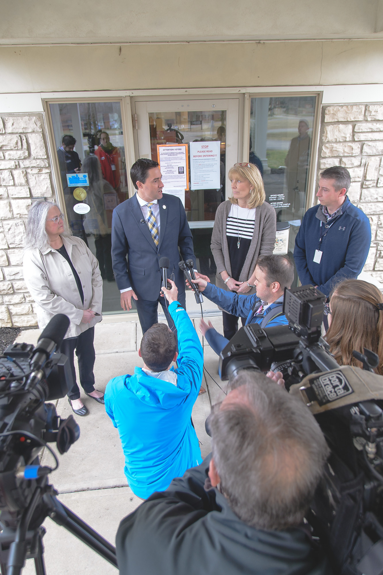 Knox County Board of Elections Chair Kim Horn, left, Ohio Secretary of State Frank LaRose, Ohio Eastern Star Home CEO Michele Engelbach and Elections Deputy Scott Howard answer questions during a press conference on March 12, 2020. As the coronavirus cases increase in Ohio, polling locations ahead of Tuesday’s election had to be moved from senior homes to other locations.