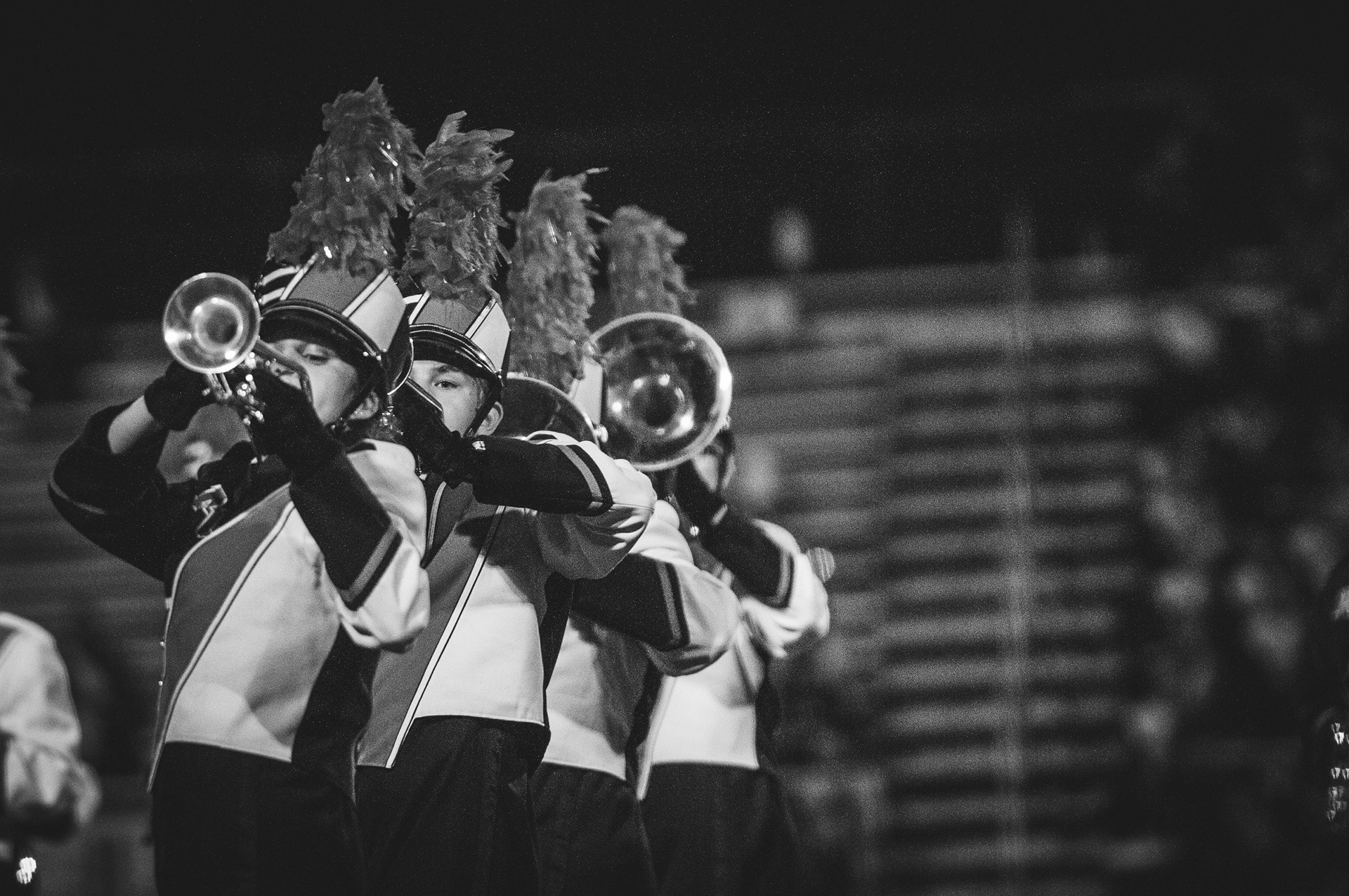 The Mount Vernon Marching Band horns perform during the Yellow Jacket Showcase on September 19, 2019
