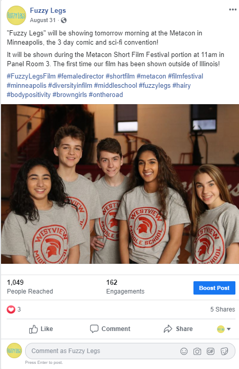Fuzzy Legs Facebook Post- Audience Reach 1,049