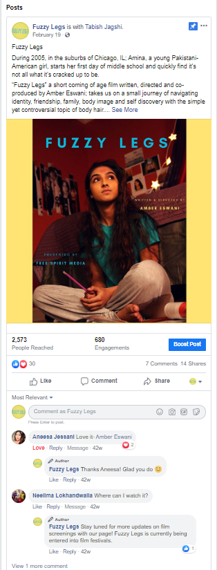 Facebook post with Audience reach of 2,573