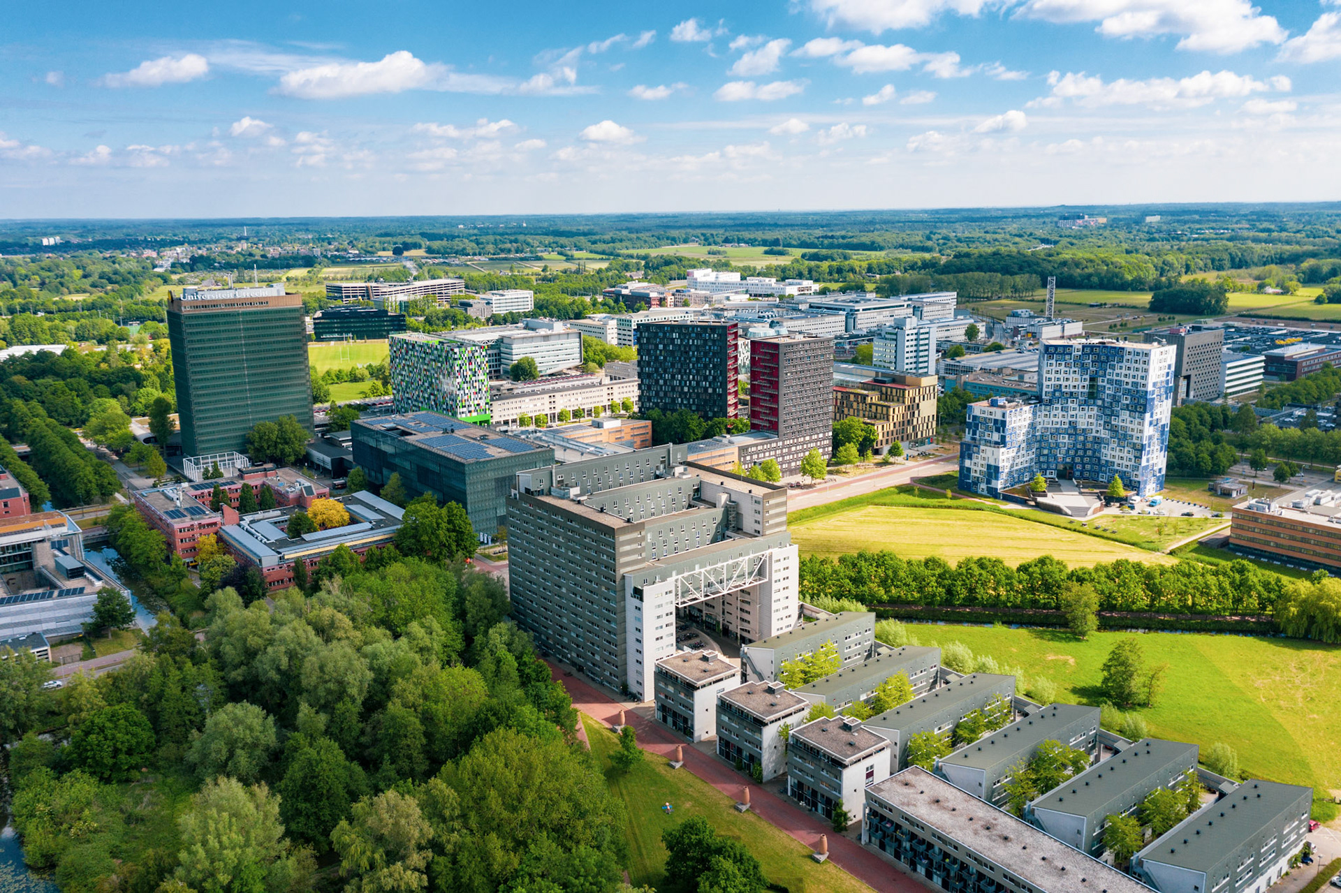 Utrecht, Utrecht / Netherlands - May 27th 2020: Aerial view of Utrecht Uithof Science Park - University complex
