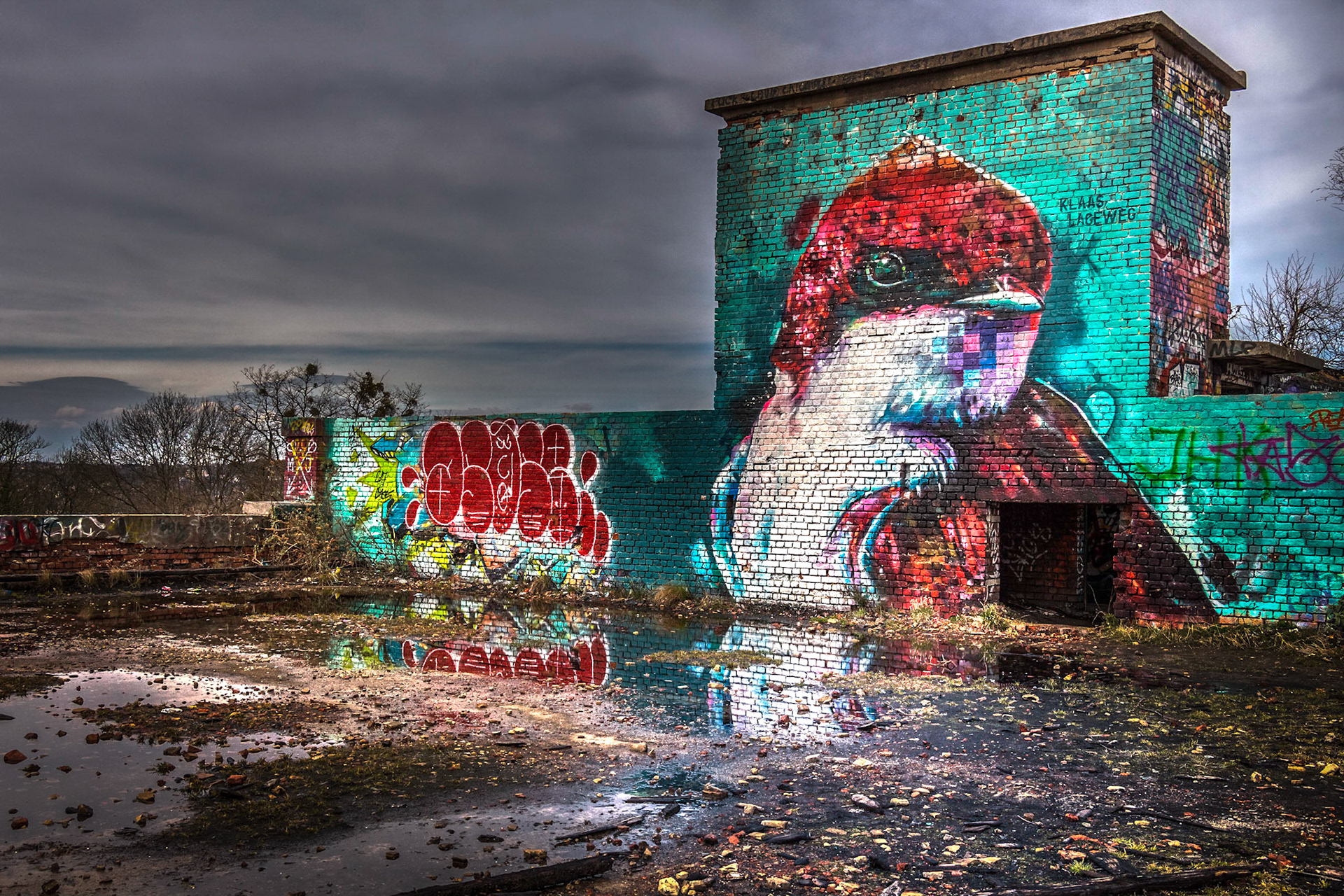 Reflection of a 'Mural Art' by Klaas Lageweg on one of the rooftops of 'Fort de la Chartreuse'.