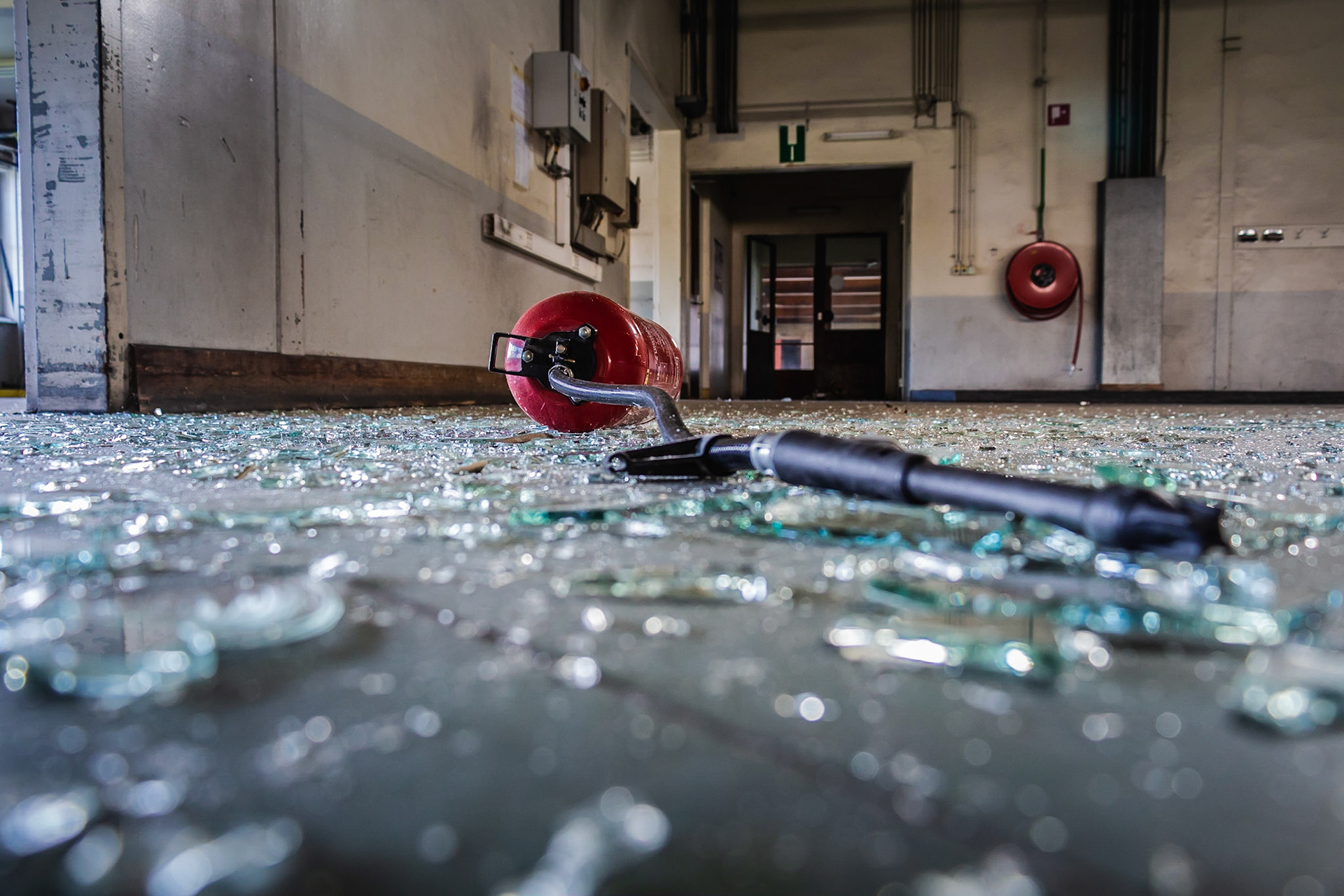 Broken glass after the factory closed down.
