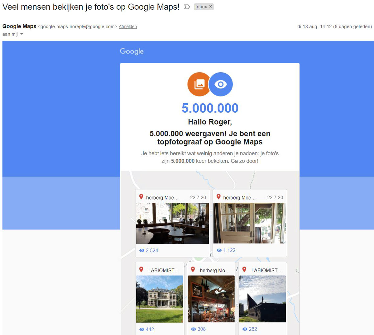 5 Miljoen views op mijn Google Maps foto's