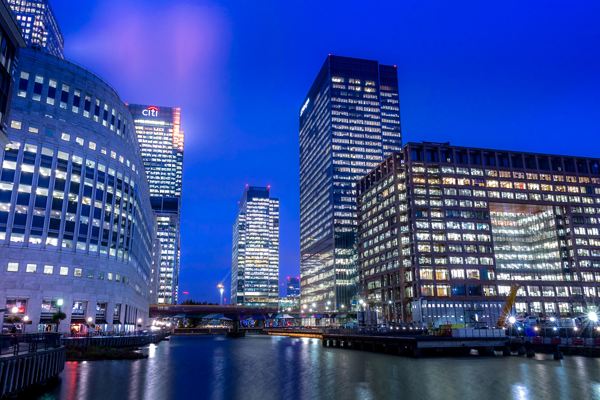View on the South Dock from Marsh Wall Street on Canary Wharf