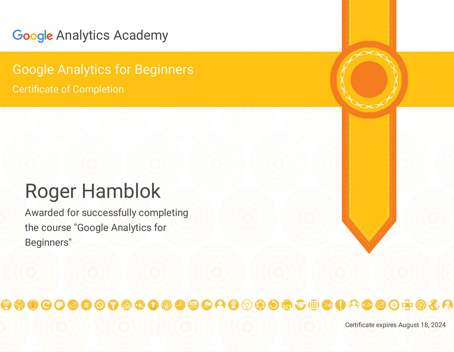 Google Analytics Academy certificate of achievement.