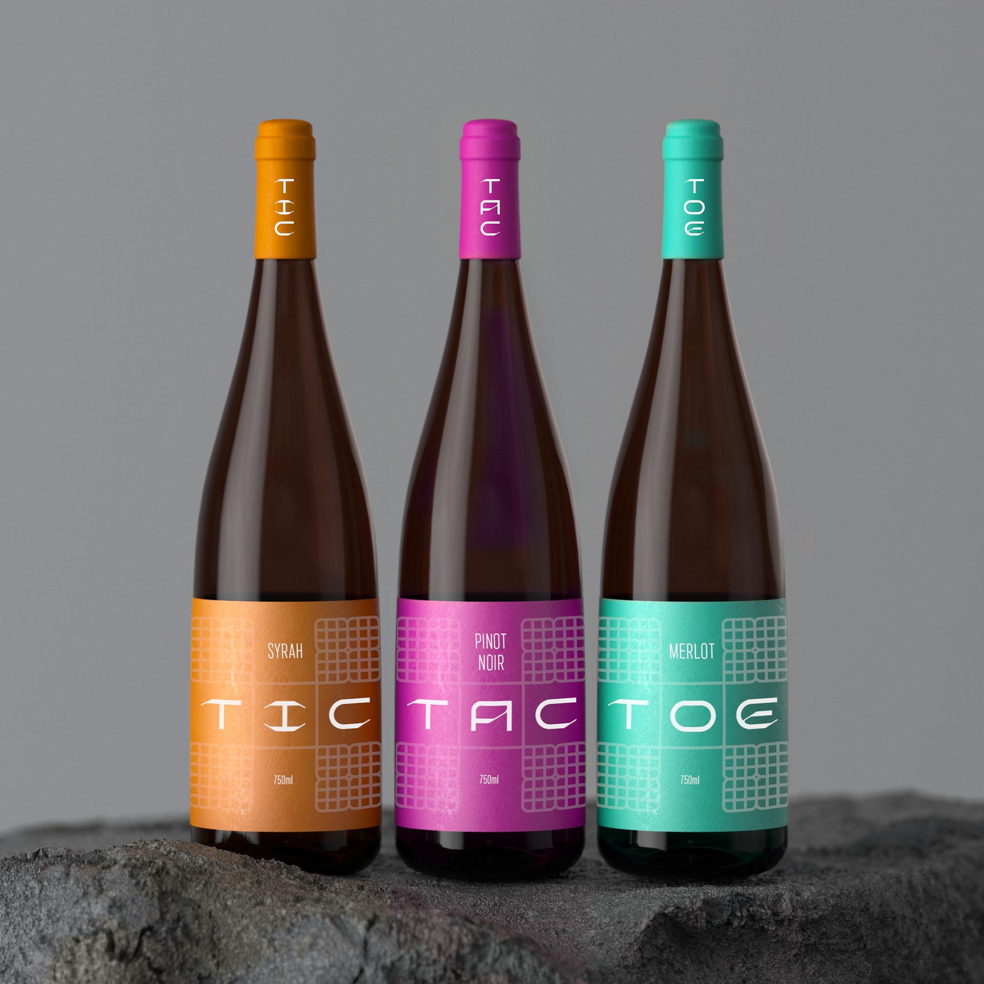 3 wine bottles label with the game Tic-Tac-Toe.