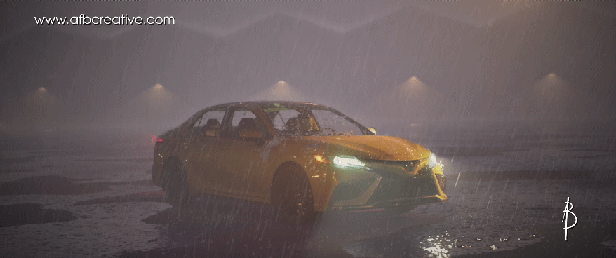 An animated GIF showing CG rain and background over a live-action plate of a man in a car.