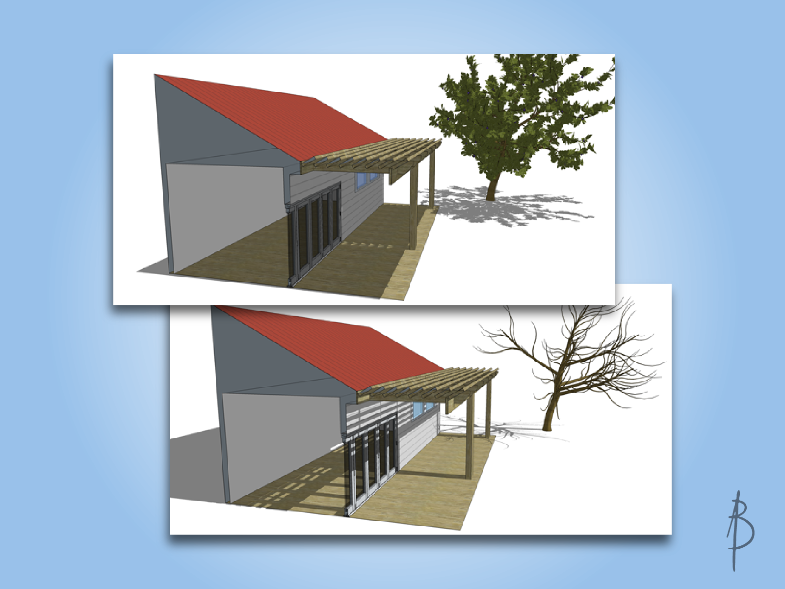 3D model showing effect of a pergola in sumer (top) and winter (bottom)