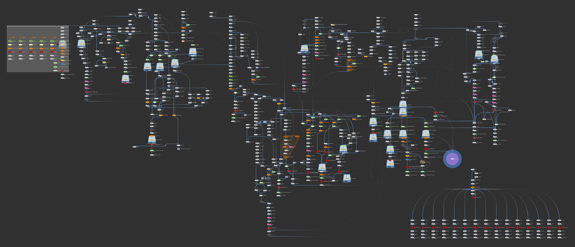 Overview of the combined Houdini node graph for the various effects