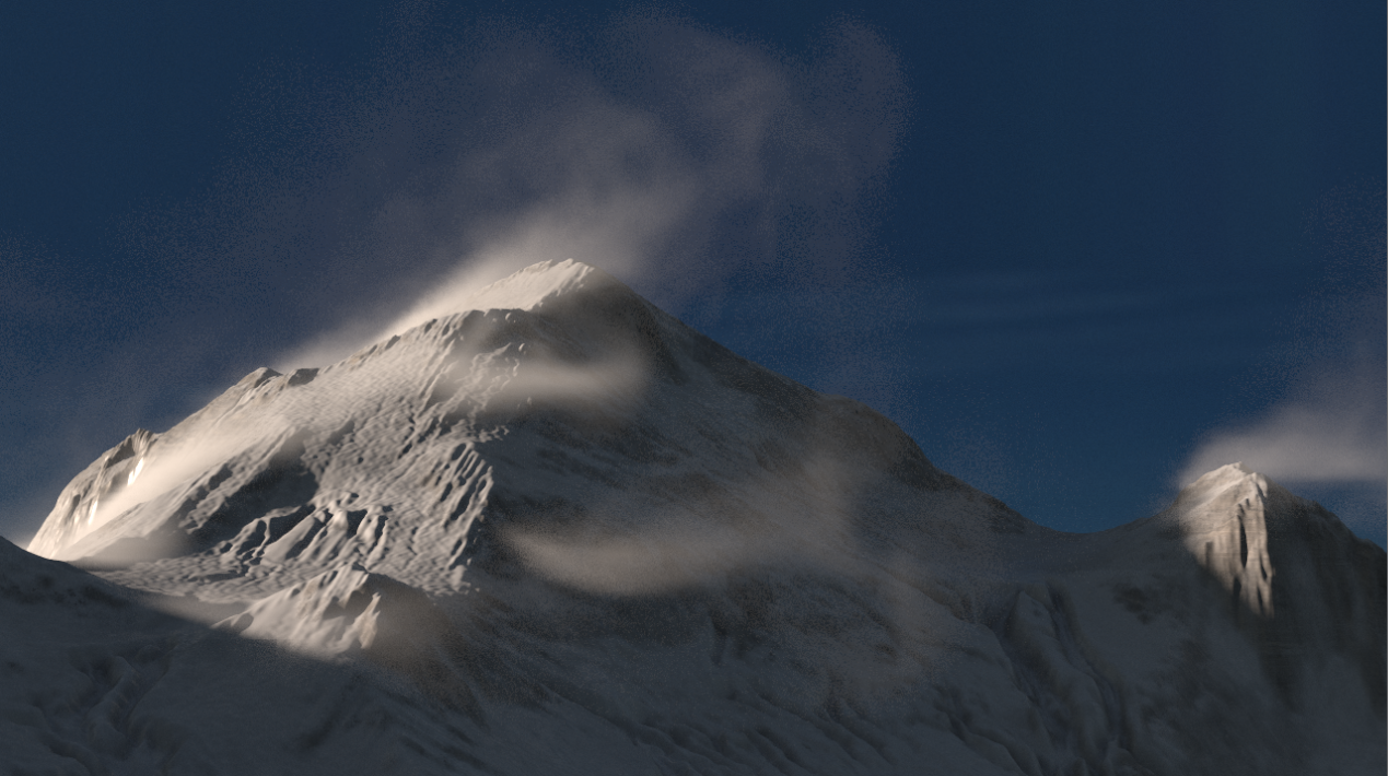 Image of 3D mountain with wind blowing snow over the ridge