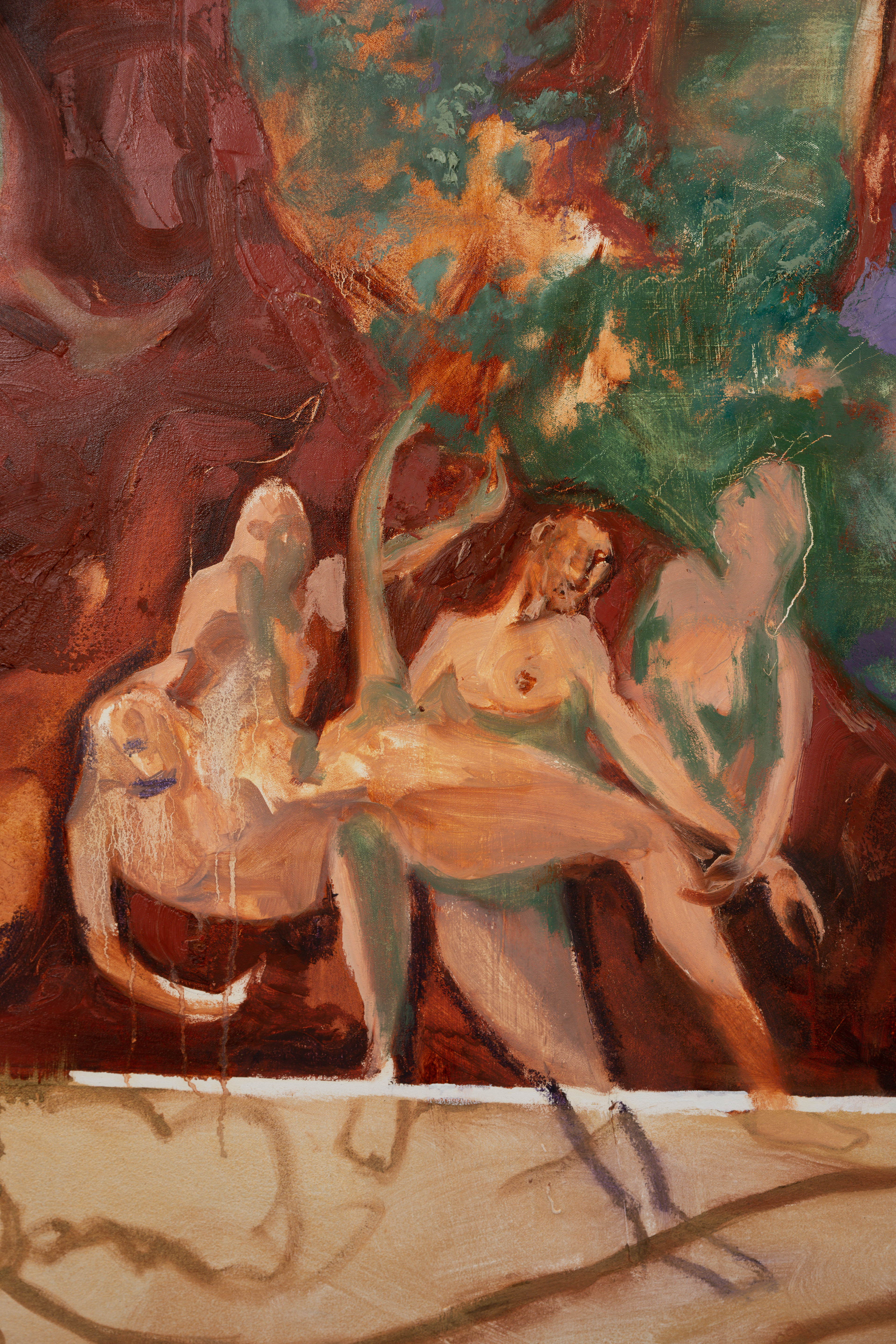 Detail of Cavernous Bodies | oil, oil stick, and gold powder on linen | 84 by 70 by 2 inches | 2022