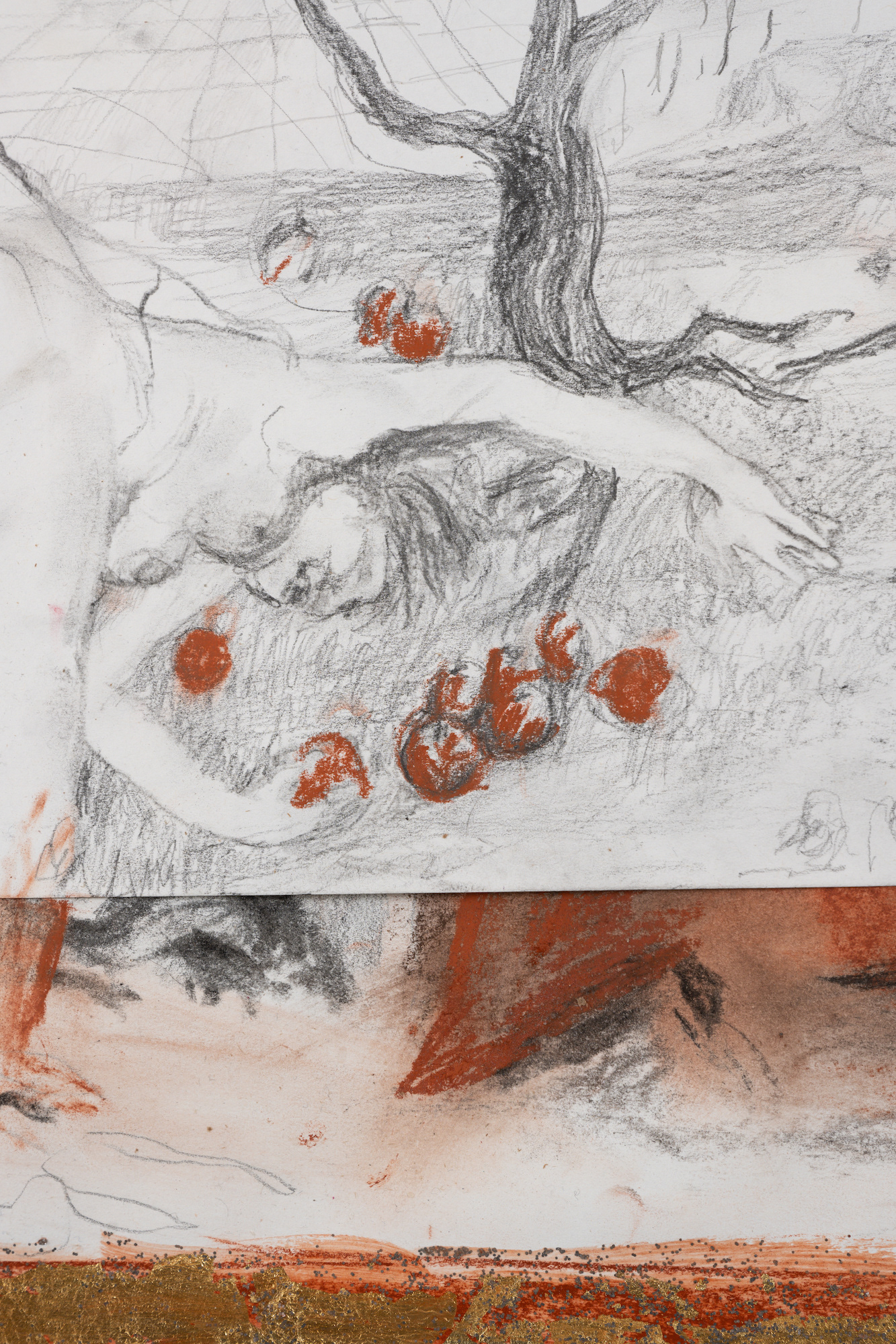 Detail of Forbidden Fruit | graphite wire gold leaf, conte crayon on recycled paper24 by 18 inches | 2022
