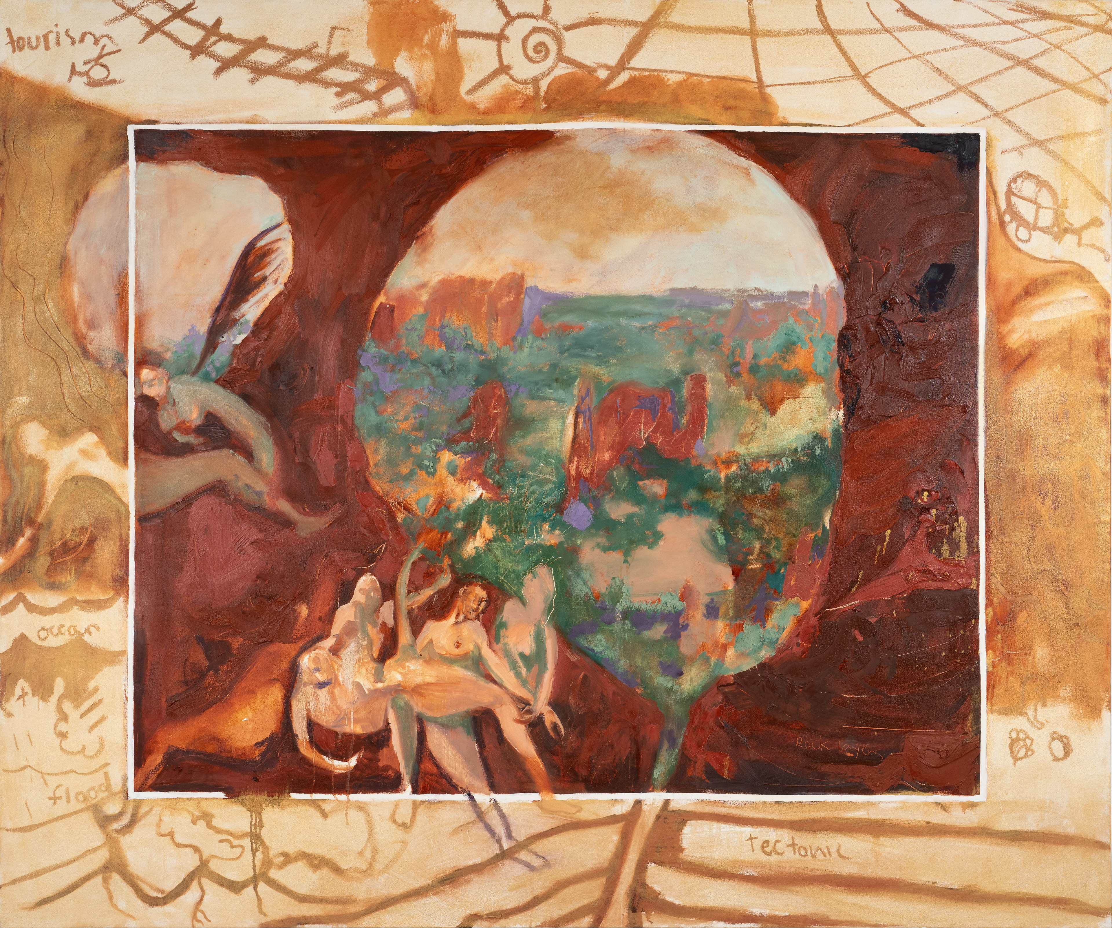 Cavernous Bodies |  oil, oil stick, and gold powder on linen | 84  by 70 by 2 inches | 2022