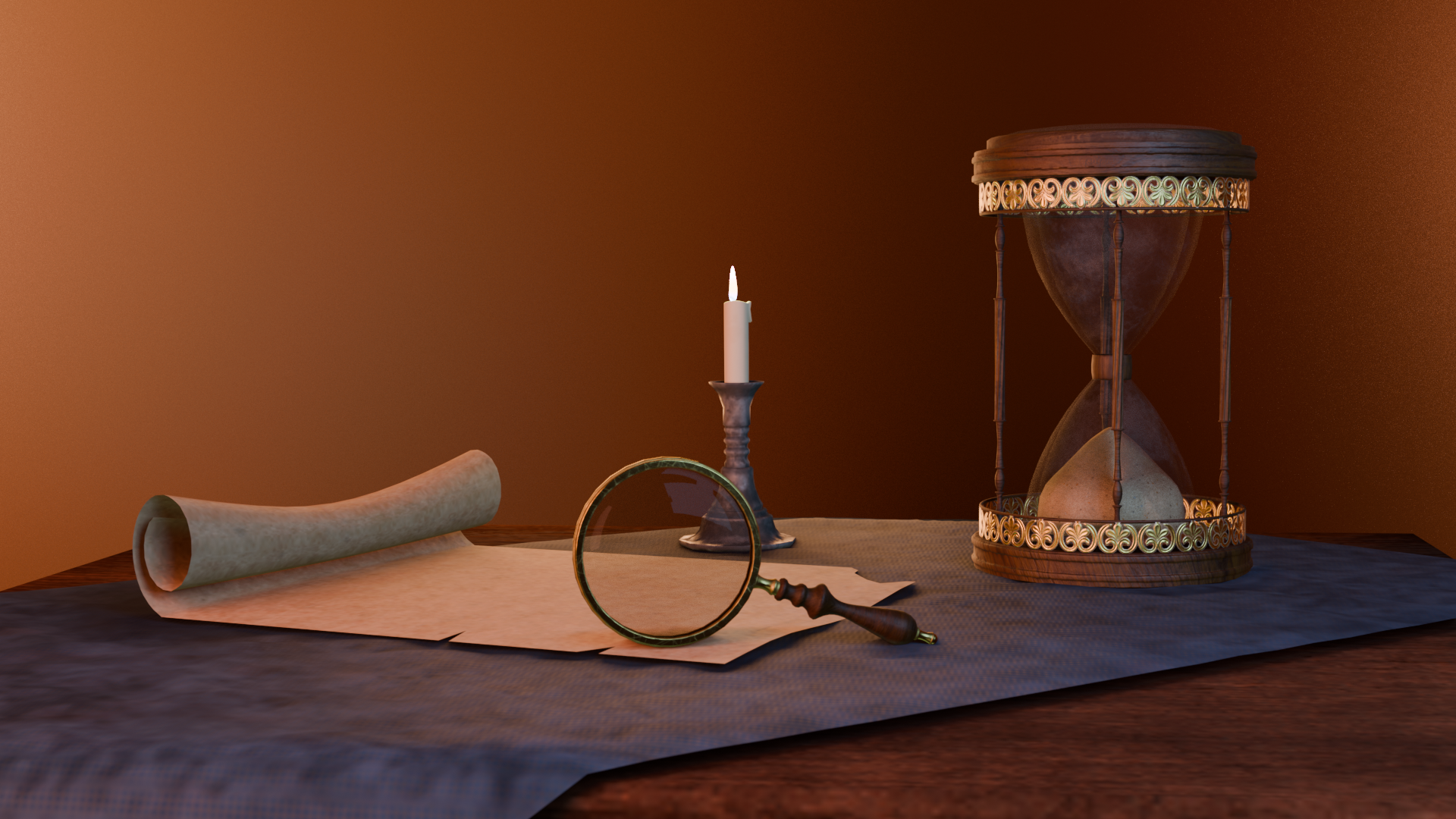 Hourglass and Magnifying Glass on a desk environment