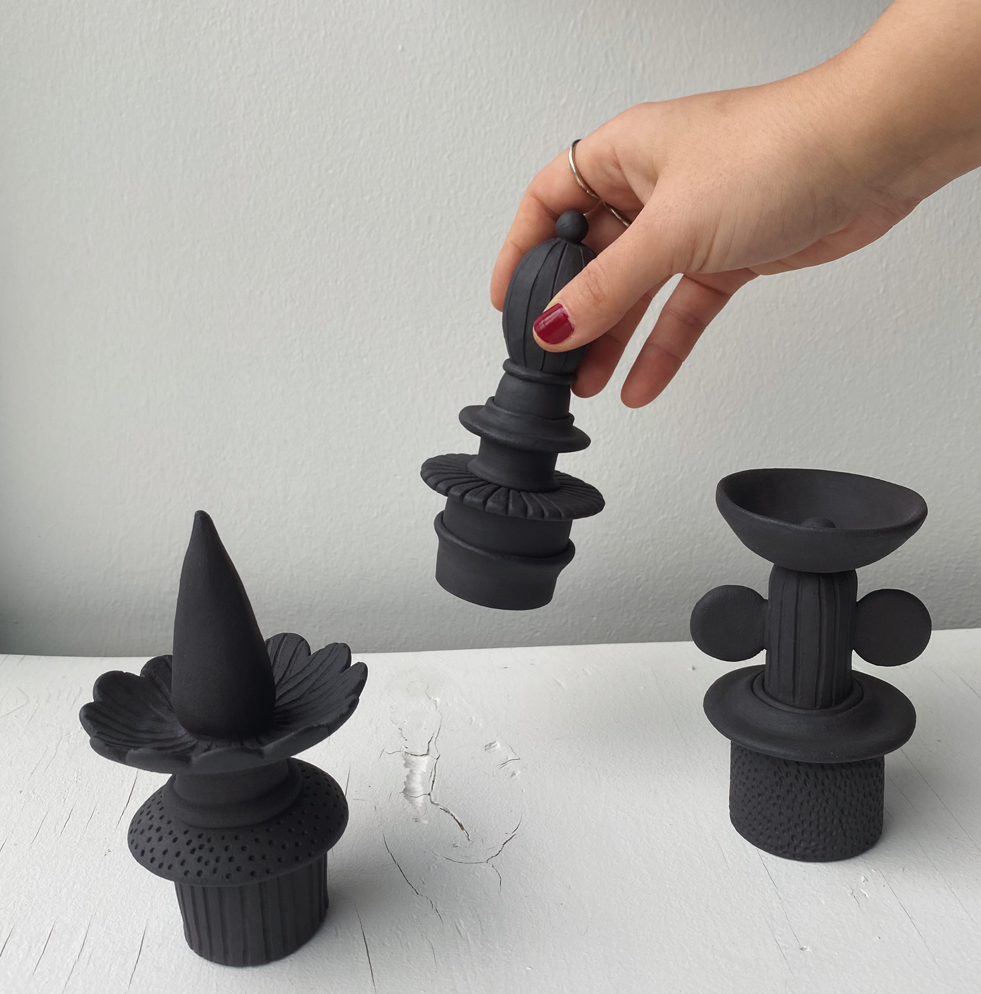 Geometric Whimsy, black clay fired in 1200 °C, 10 x 10 cm, 2023