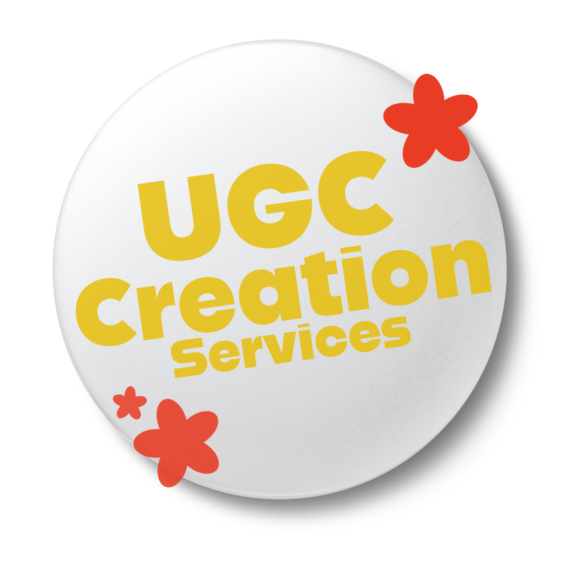 Round white button graphic with bold yellow text reading 'UGC Creation Services' and playful flower icons. Designed for branding or digital marketing services related to social media strategy.