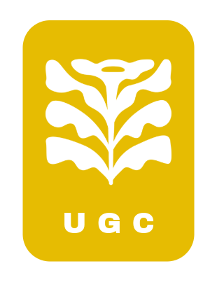 Mustard Yellow rectangle graphic  with  an art deco style flower and the letters  UGC, which stand for User Generated Content.
