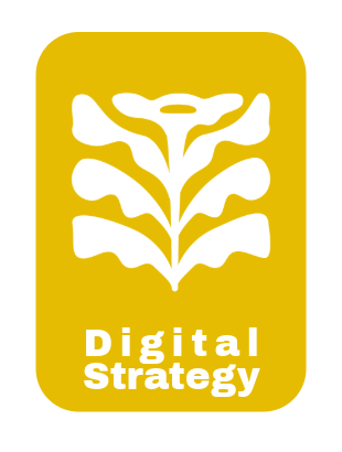 Mustard Yellow rectangle graphic  with  an art deco style flower and the  words Digital Strategy