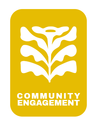 Mustard Yellow rectangle graphic  with  an art deco style flower and the  words Community Engagement.