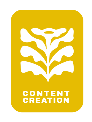 Mustard Yellow rectangle graphic with an folk art style white flower and the words Content Creation