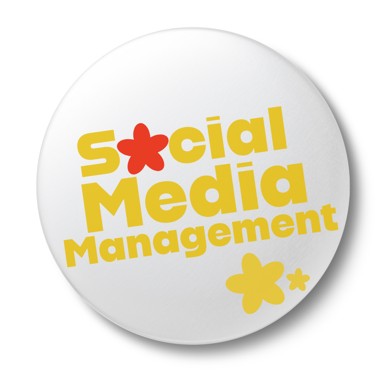 Round white button graphic with bold yellow text reading 'Social Media Management' and playful flower icons. Designed for branding or digital marketing services related to social media strategy.