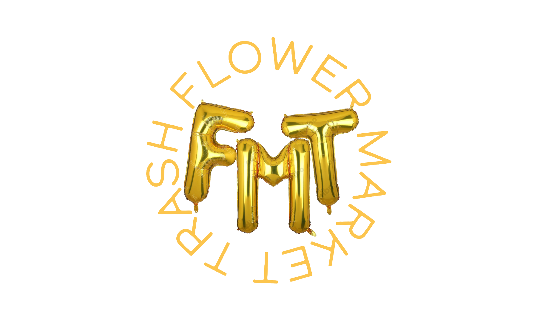 Logo for Flower Market Trash Gold mylar letter balloons spell out F M T.