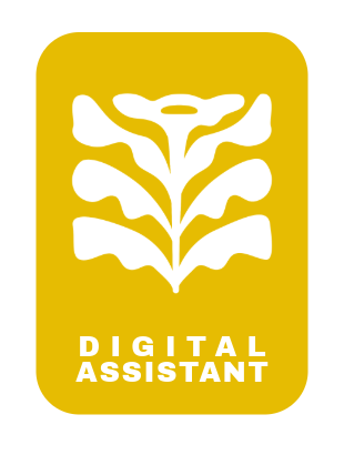Mustard Yellow rectangle graphic with an art deco style flower and the words Digital Assistant
