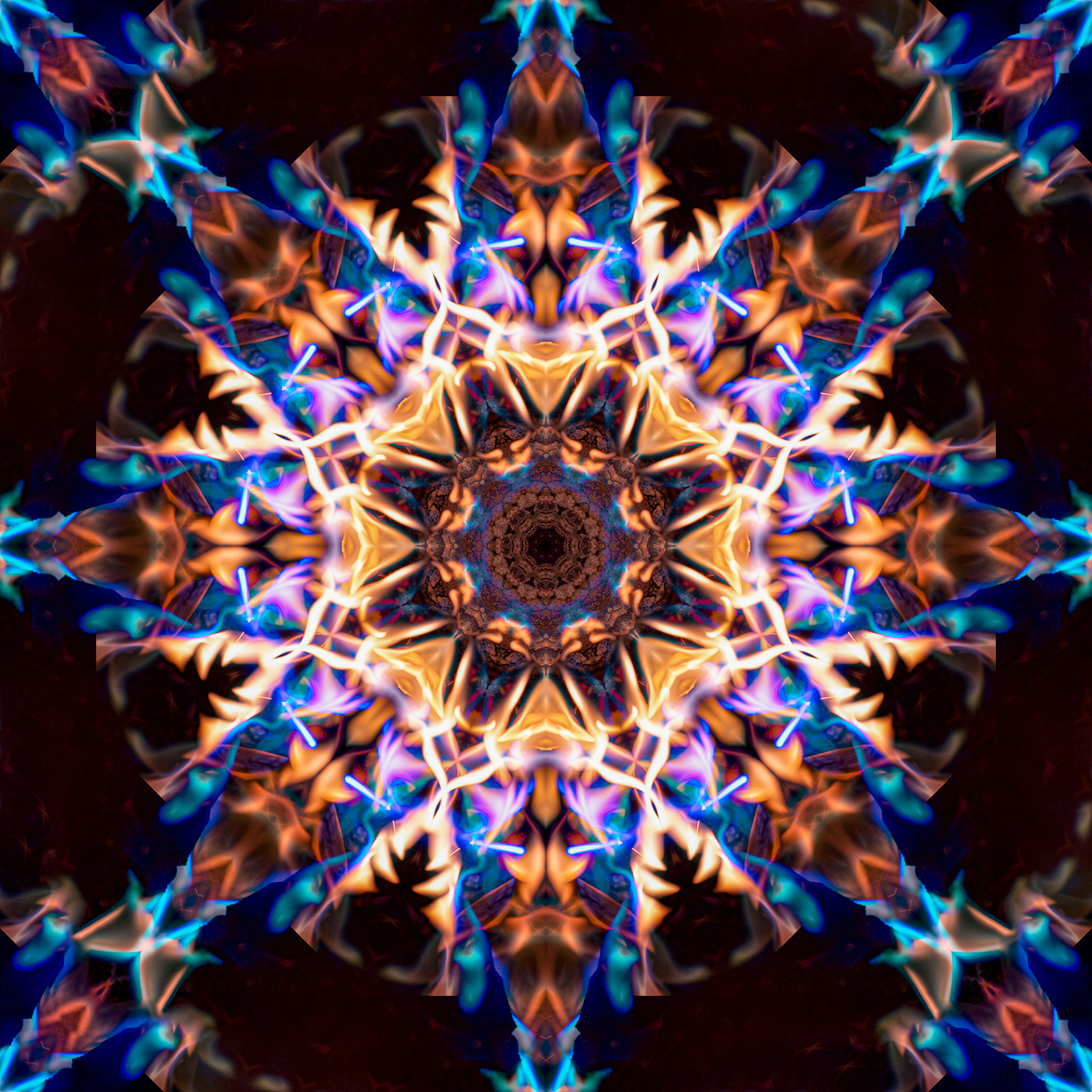 91/365 Fire Kaleidoscope. Threw some colourful things in the fire and then rotated/mirrored/blended the image.