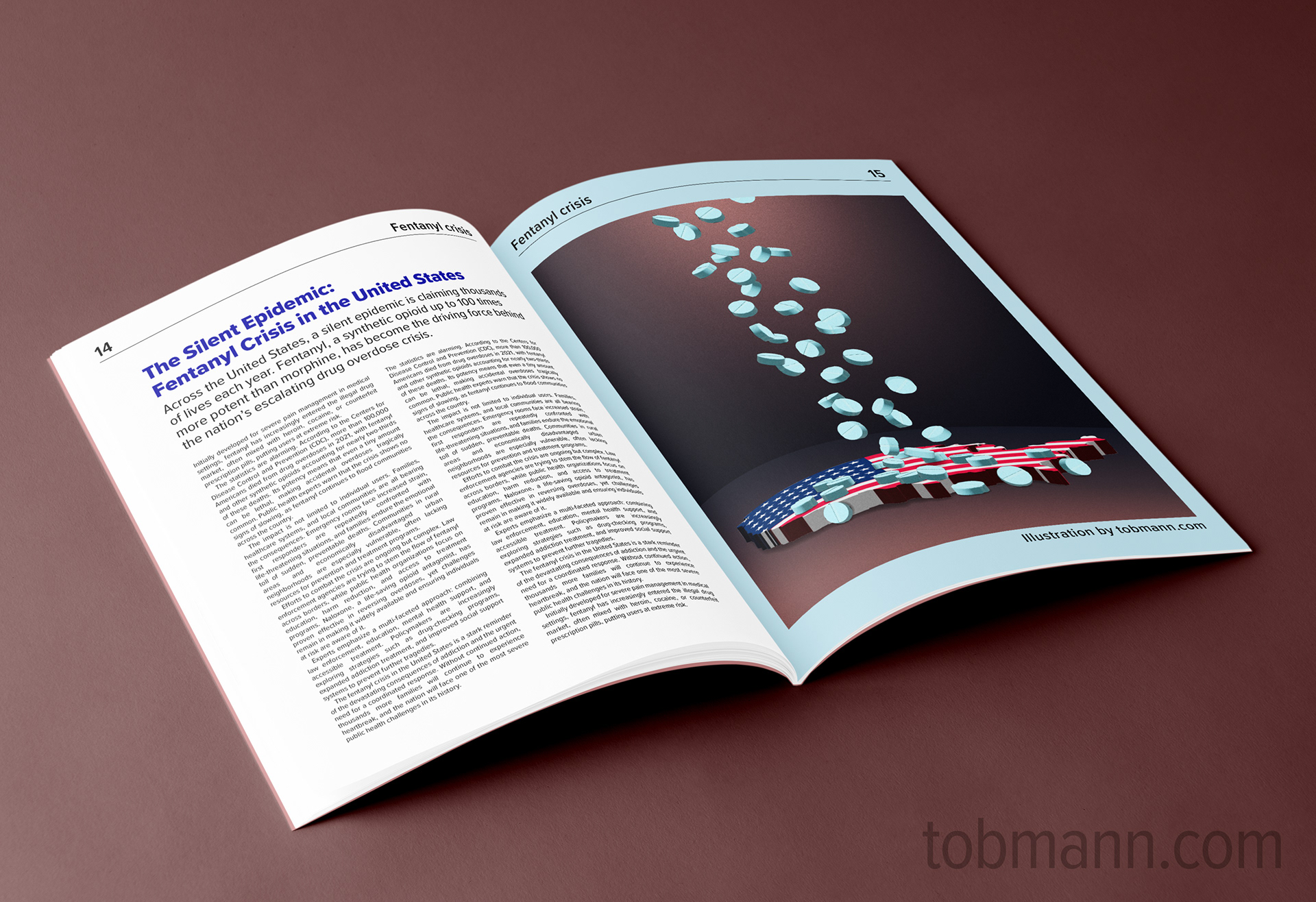 Magazine with an article and a big illustration about the fentanyl crisis. Editorial «Fentanyl Crisis»