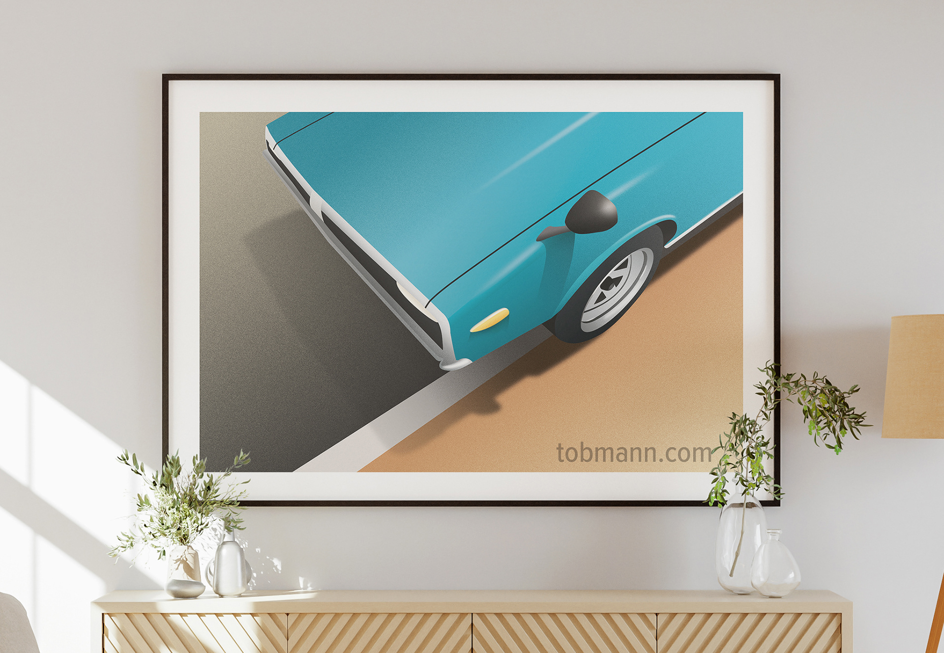 Framed poster on a wall in a living room. Poster «Car»