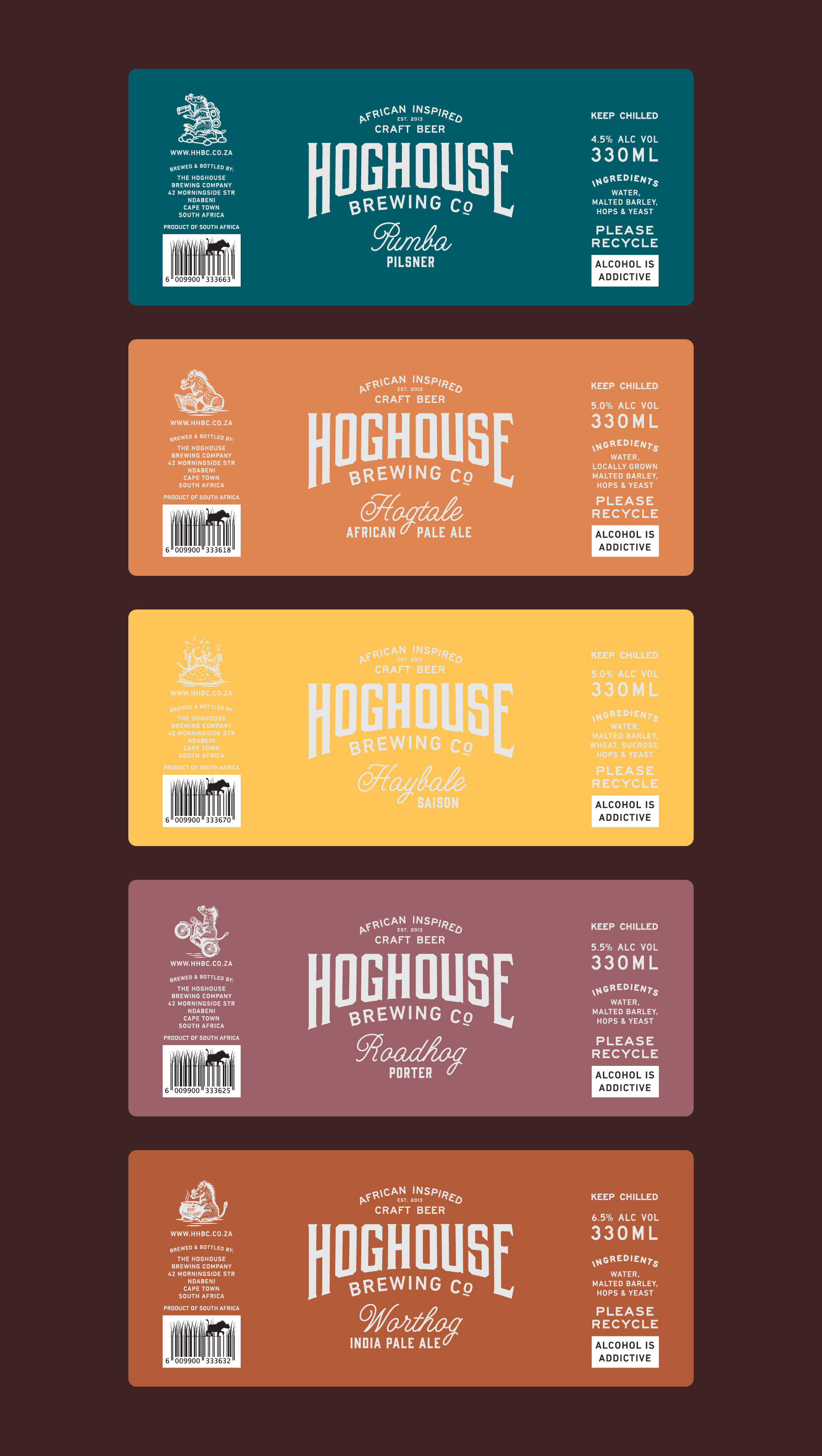 Hugh Fletcher Cox Design, Cape Town, Graphic design, packaging design, typography, illustration, Hoghouse Beer Cans