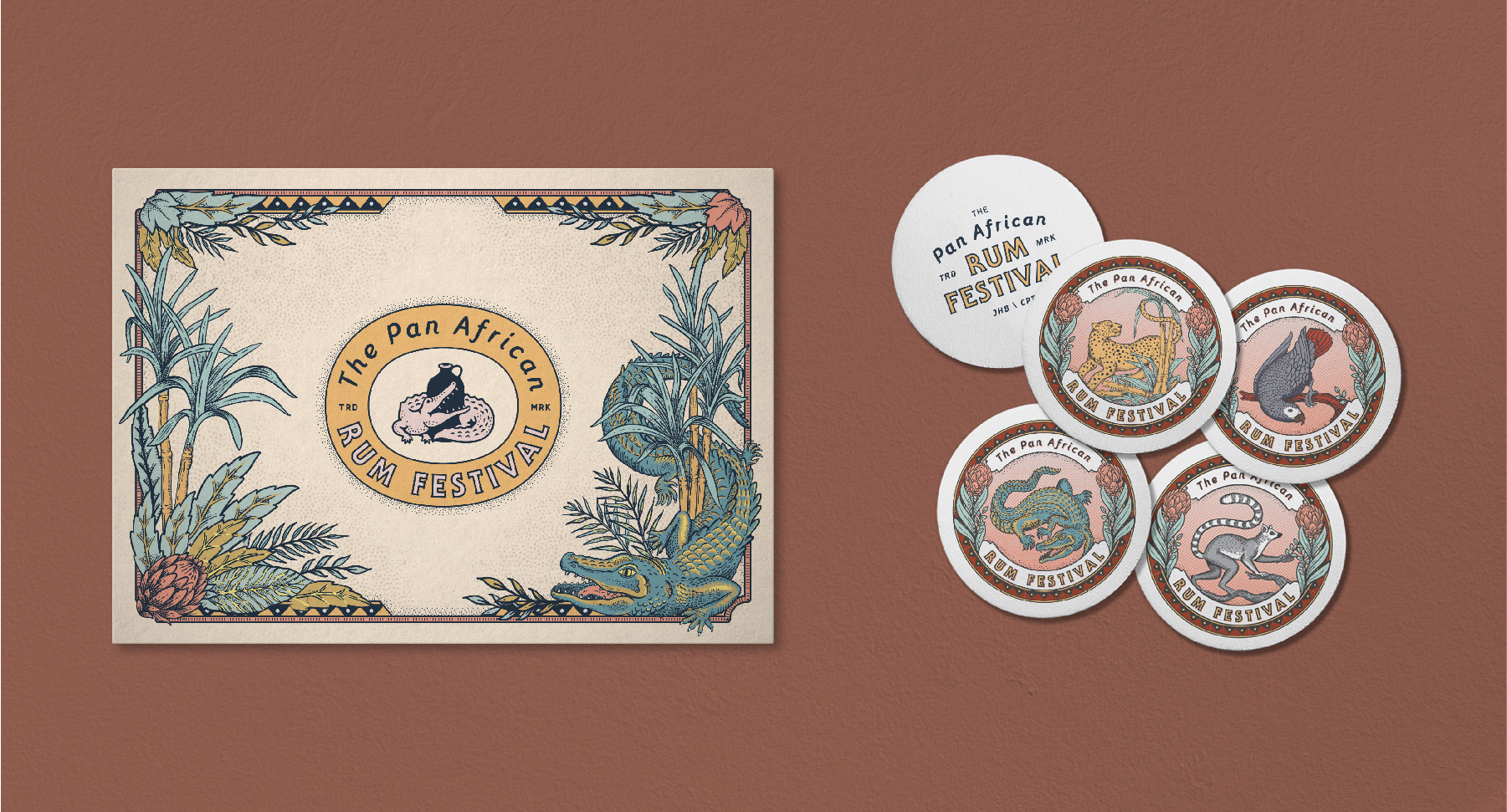 Branding, Hugh Fletcher Cox Design, Cape Town, Graphic design, packaging design, typography, illustration, Pan African Rum Festival, Branding, coaster, poster design