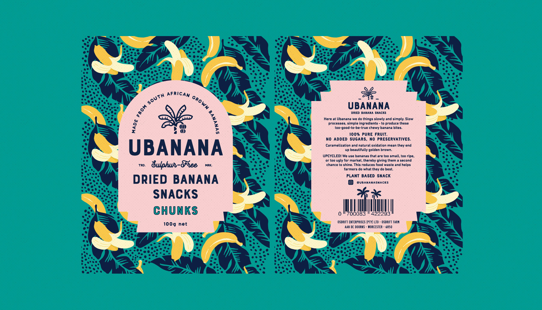 Hugh Fletcher Cox Design, Cape Town, Graphic design, packaging design, typography, illustration, pattern design, Ubanana Dried Banana Snacks