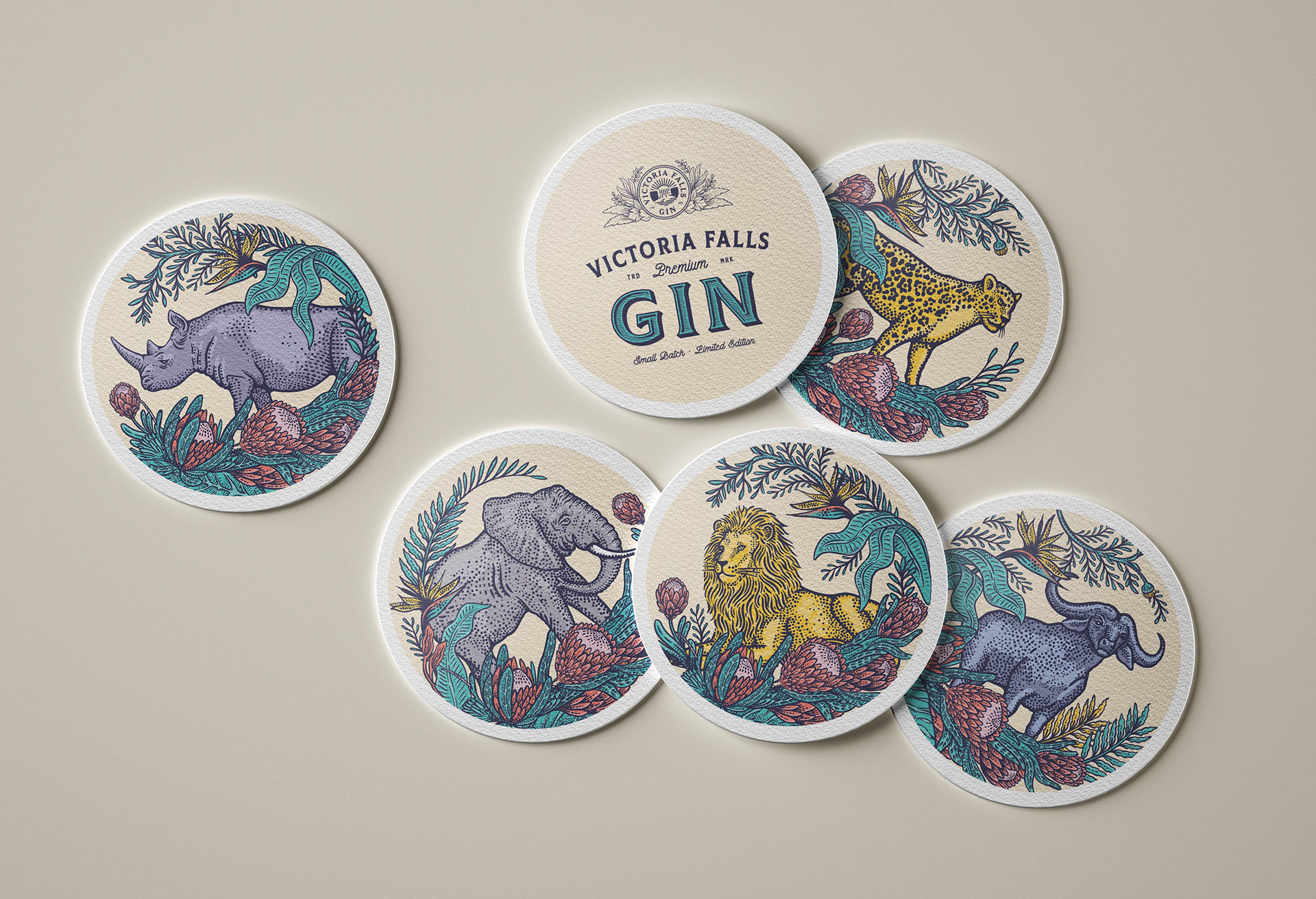 Hugh Fletcher Cox Design, Cape Town, Graphic design, packaging design, typography, illustration, Victoria Falls Gin, Coaster Design