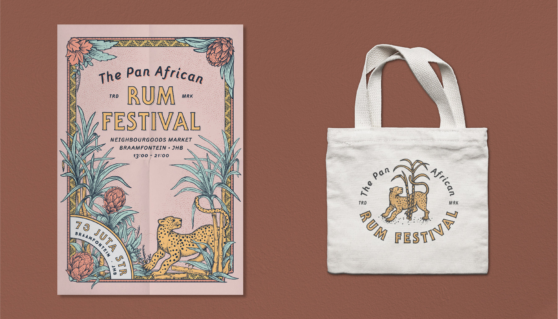 Branding, Hugh Fletcher Cox Design, Cape Town, Graphic design, packaging design, typography, illustration, Pan African Rum Festival, Branding, poster, tote bag