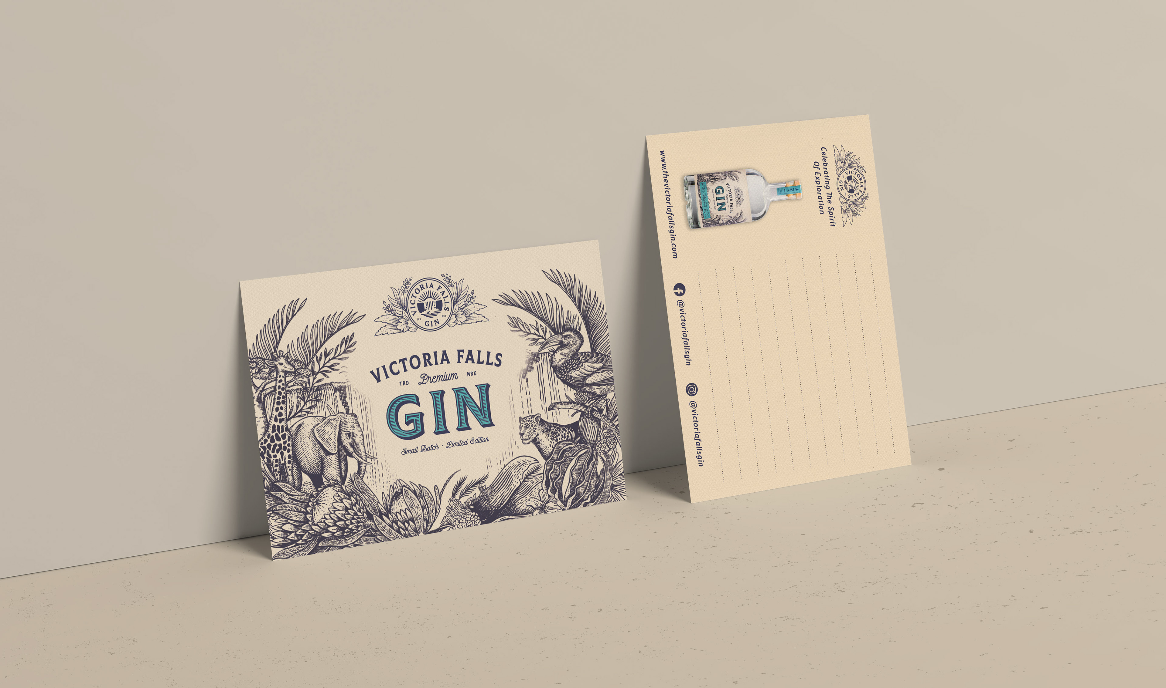 Hugh Fletcher Cox Design, Cape Town, Graphic design, packaging design, typography, illustration, Victoria Falls Gin, Postcard design