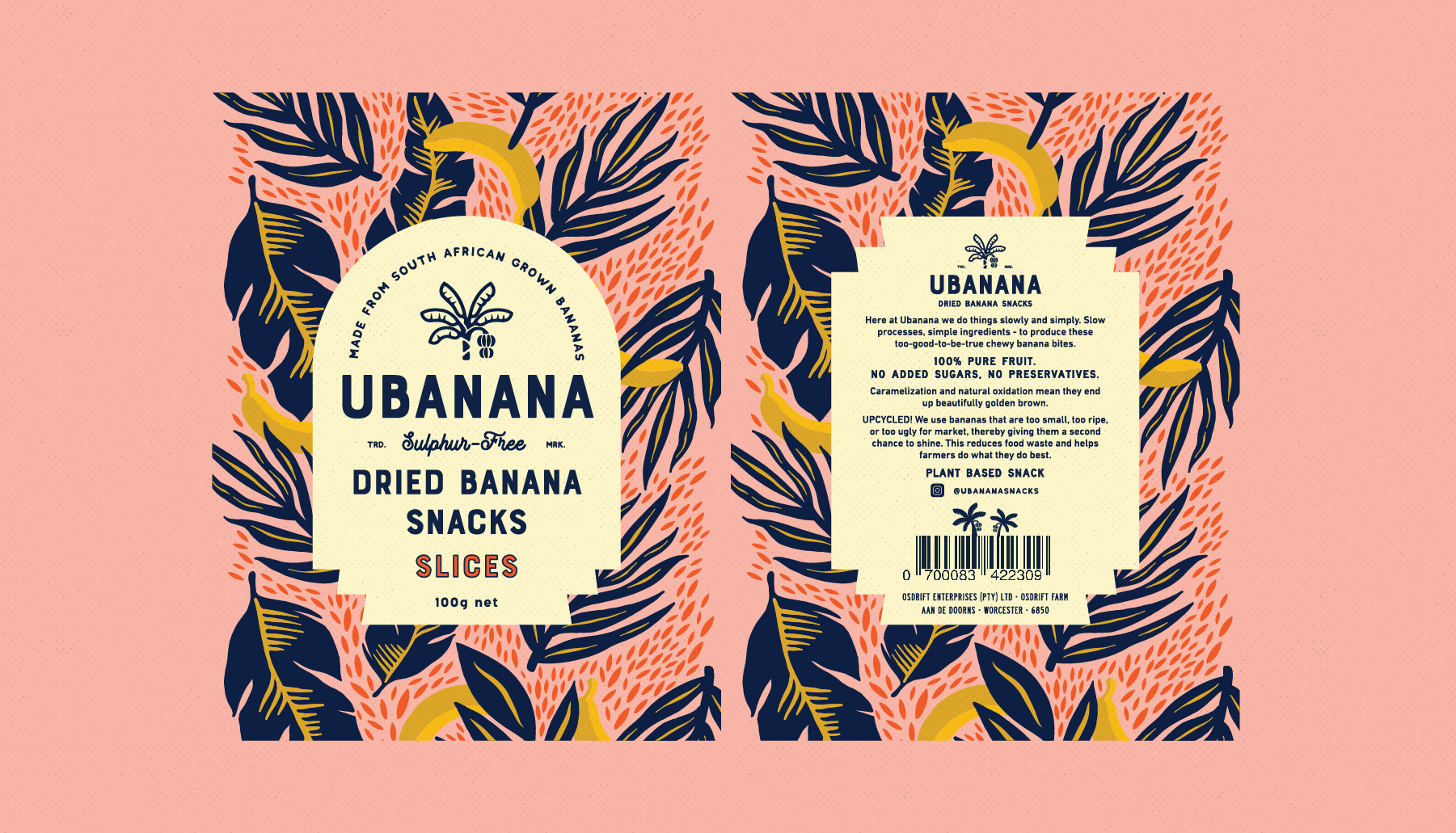 Hugh Fletcher Cox Design, Cape Town, Graphic design, packaging design, typography, illustration, pattern design, Ubanana Dried Banana Snacks